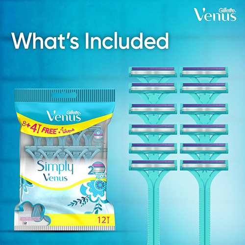 تیغ دسته دار ونوس 2 لبه Gillette Simply Venus ژیلت 12 عددی