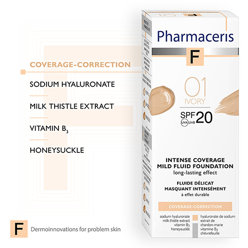 کرم پودر مایع پوشاننده قوی لهستانی فارماسیریس Pharmaceris SPF 20 تناژ Ivory01 کاور بالا 30 میل