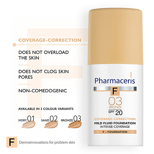 کرم پودر مایع پوشاننده قوی لهستانی فارماسیریس Pharmaceris SPF 20 تناژ Bronze03 کاور بالا 30 میل