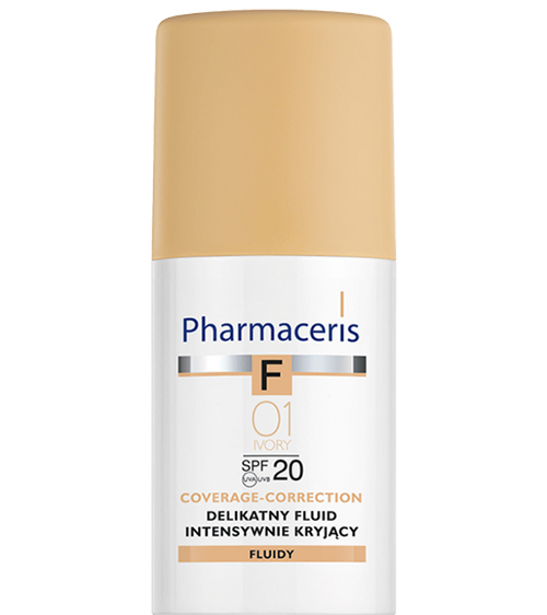 کرم پودر مایع پوشاننده قوی لهستانی فارماسیریس Pharmaceris SPF 20 تناژ Ivory01 کاور بالا 30 میل