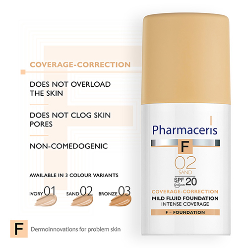 کرم پودر مایع پوشاننده قوی لهستانی فارماسیریس Pharmaceris SPF 20 تناژ Sand02 کاور بالا 30 میل